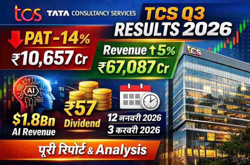 TCS Q3 Results 2026, मुनाफा 14% गिरा, फिर भी ₹67,087 Cr Revenue और ₹57 Dividend ने चौंकाया